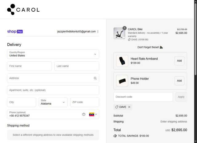 CAROL Bike checkout page showing CAROL Bike discount code box | Screenshot taken by SimplyCodes community member on Aug 21, 2025