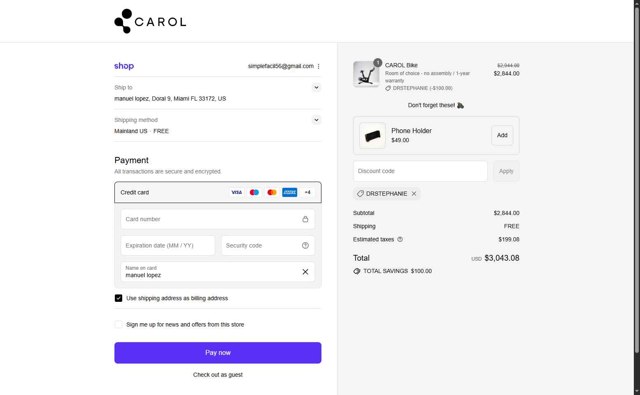 CAROL Bike checkout page showing CAROL Bike discount code box | Screenshot taken by SimplyCodes community member on Aug 30, 2025