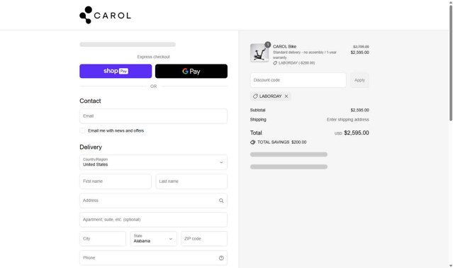 CAROL Bike checkout page showing CAROL Bike discount code box | Screenshot taken by SimplyCodes community member on Aug 22, 2025