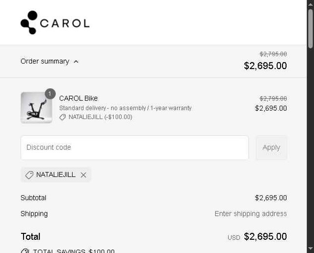 CAROL Bike checkout page showing CAROL Bike discount code box | Screenshot taken by SimplyCodes community member on Aug 21, 2025