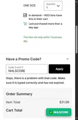 Carolina Hurricanes Shop coupon verification screenshot