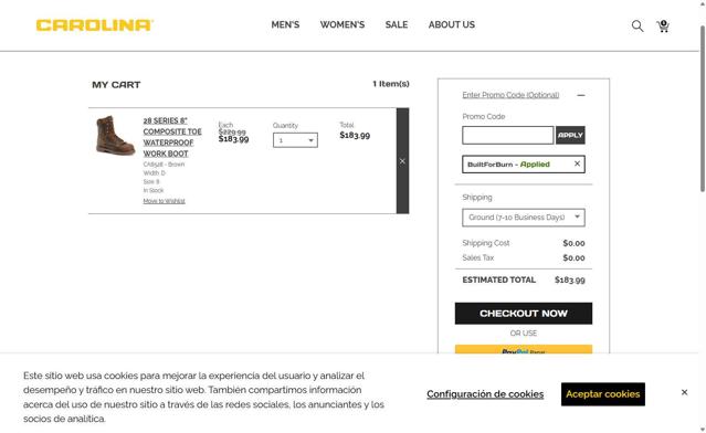 Carolina Footwear checkout page showing Carolina Footwear promo code box | Screenshot taken by SimplyCodes community member on Sep 9, 2025