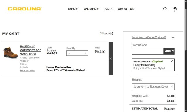 Carolina Footwear checkout page showing Carolina Footwear promo code box | Screenshot taken by SimplyCodes community member on May 4, 2025