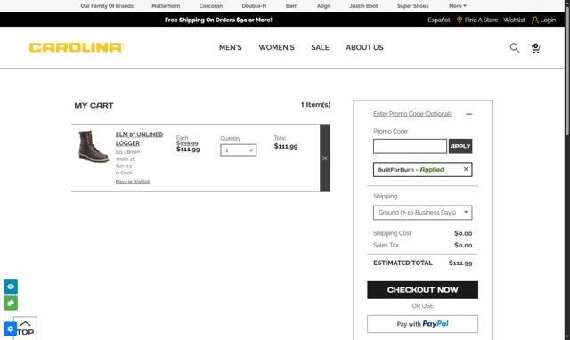 Carolina Footwear checkout page showing Carolina Footwear promo code box | Screenshot taken by SimplyCodes community member on Apr 9, 2025