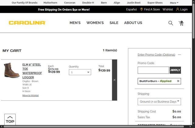 Carolina Footwear checkout page showing Carolina Footwear promo code box | Screenshot taken by SimplyCodes community member on Apr 9, 2025