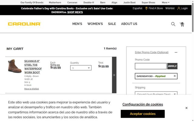 Carolina Footwear checkout page showing Carolina Footwear promo code box | Screenshot taken by SimplyCodes community member on Jun 12, 2025