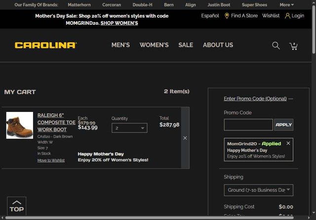 Carolina Footwear checkout page showing Carolina Footwear promo code box | Screenshot taken by SimplyCodes community member on May 4, 2025