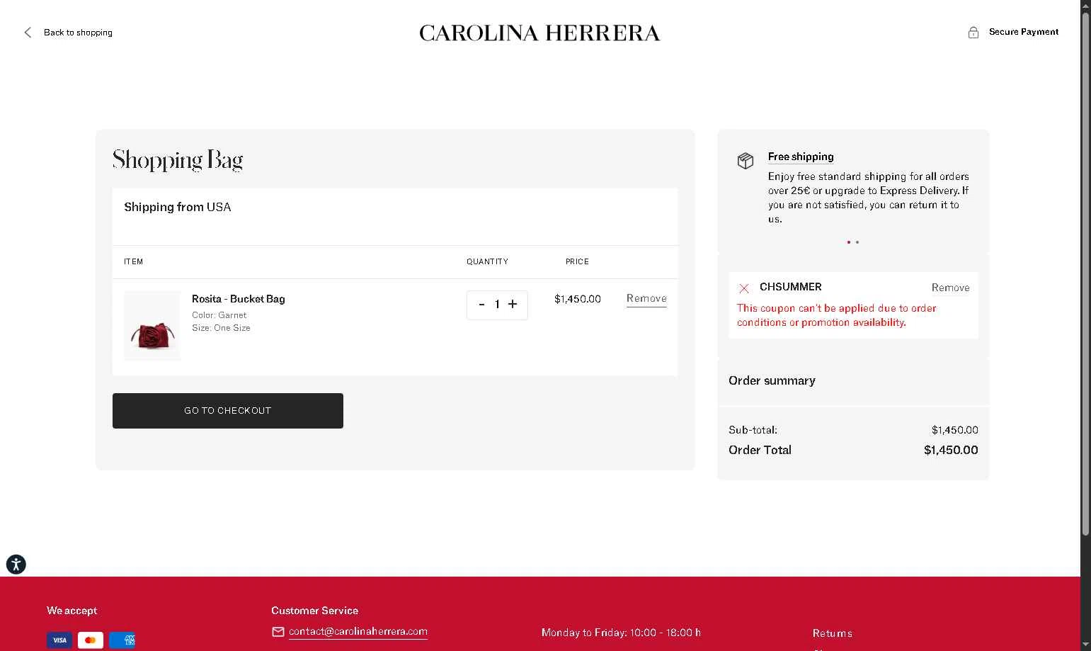Carolina Herrera checkout page showing Carolina Herrera promo code box | Screenshot taken by SimplyCodes community member on Jan 25, 2026