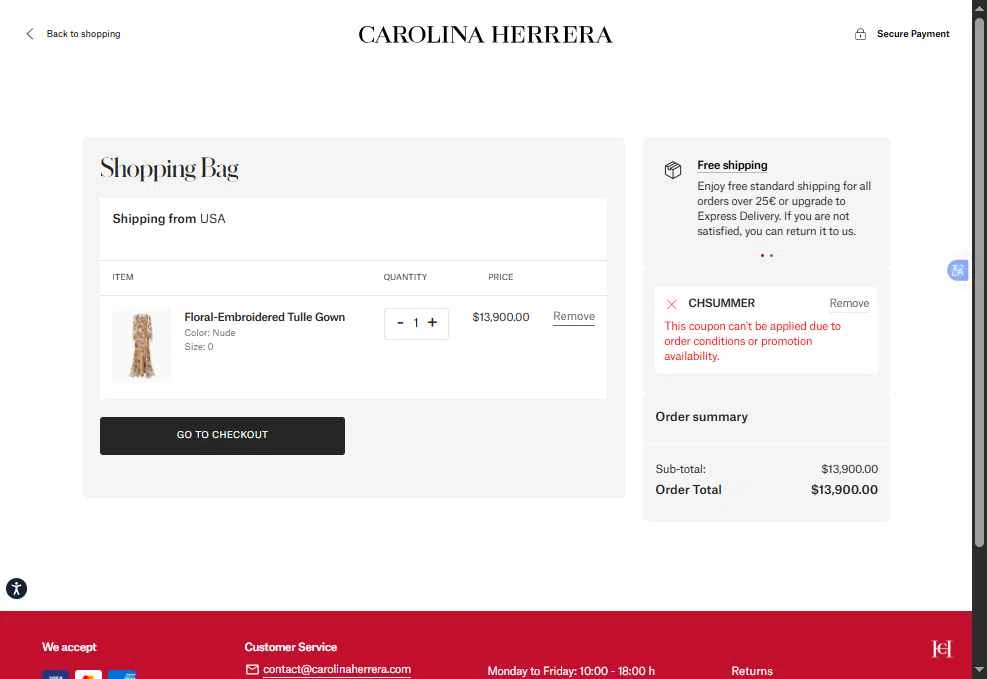 Carolina Herrera checkout page showing Carolina Herrera promo code box | Screenshot taken by SimplyCodes community member on Feb 22, 2026