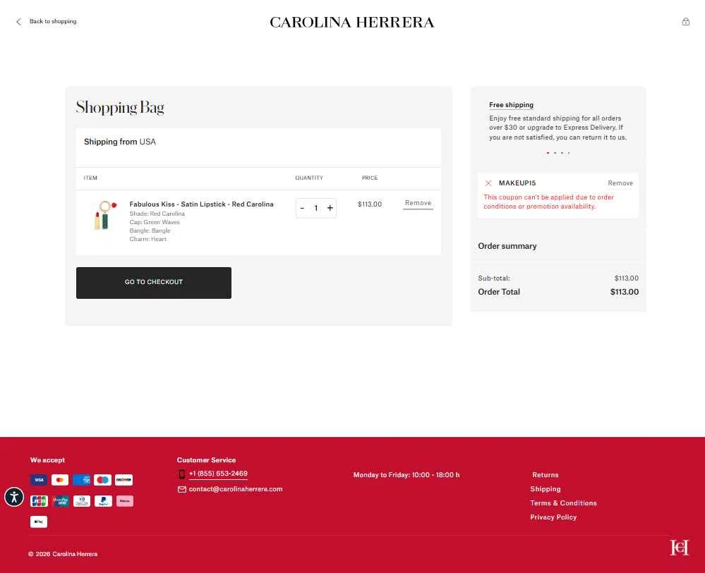 Carolina Herrera checkout page showing Carolina Herrera promo code box | Screenshot taken by SimplyCodes community member on Feb 20, 2026