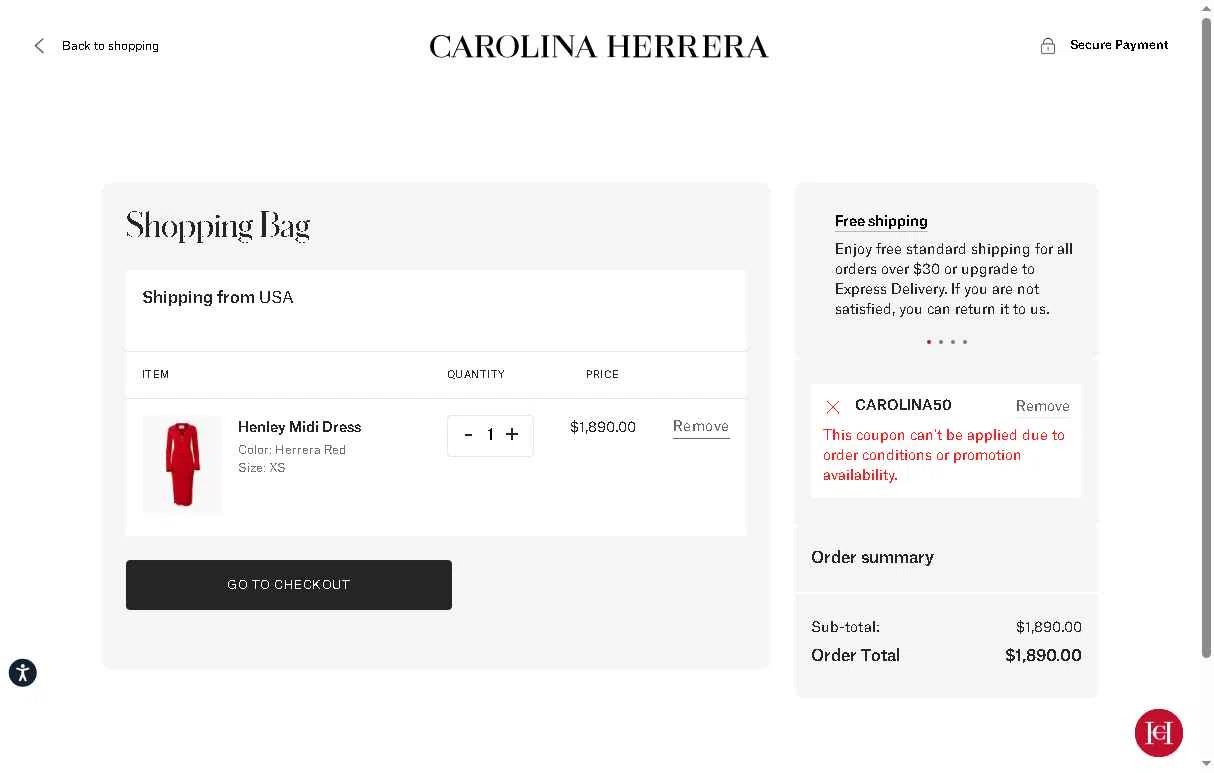 Carolina Herrera checkout page showing Carolina Herrera promo code box | Screenshot taken by SimplyCodes community member on Feb 23, 2026