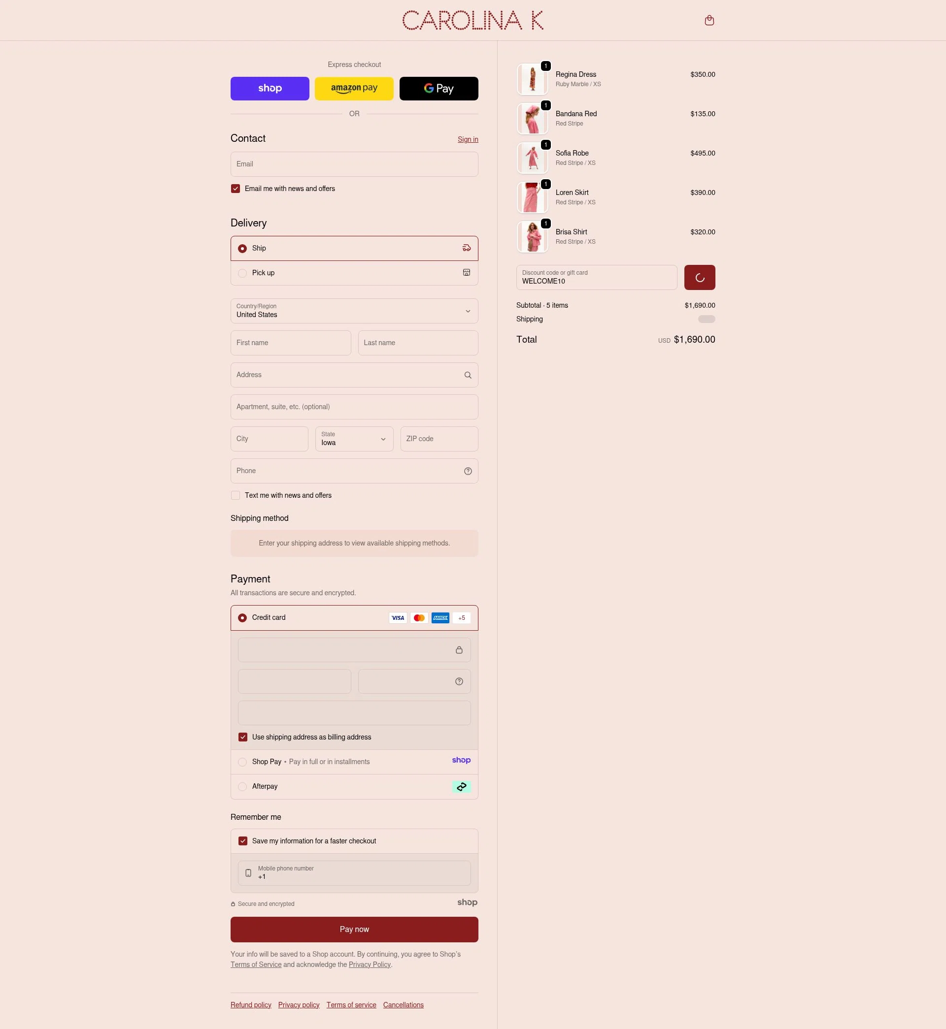Carolina K checkout page showing Carolina K discount code box | Screenshot taken by SimplyCodes community member on Dec 15, 2025