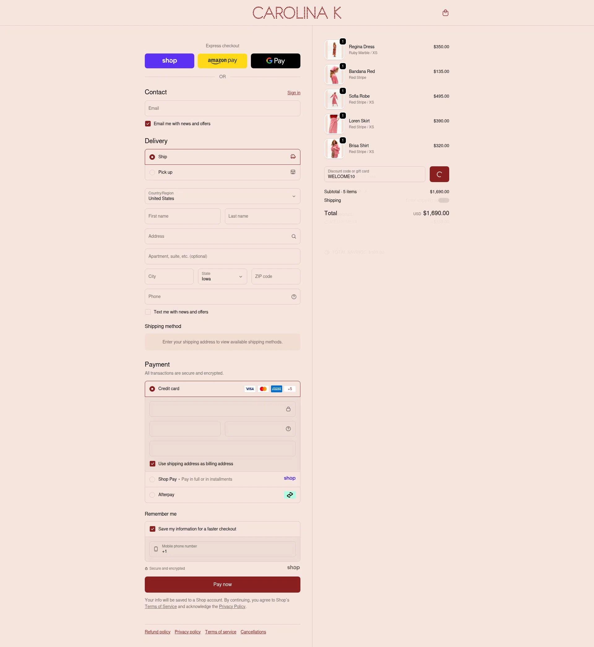 Carolina K checkout page showing Carolina K discount code box | Screenshot taken by SimplyCodes community member on Dec 27, 2025