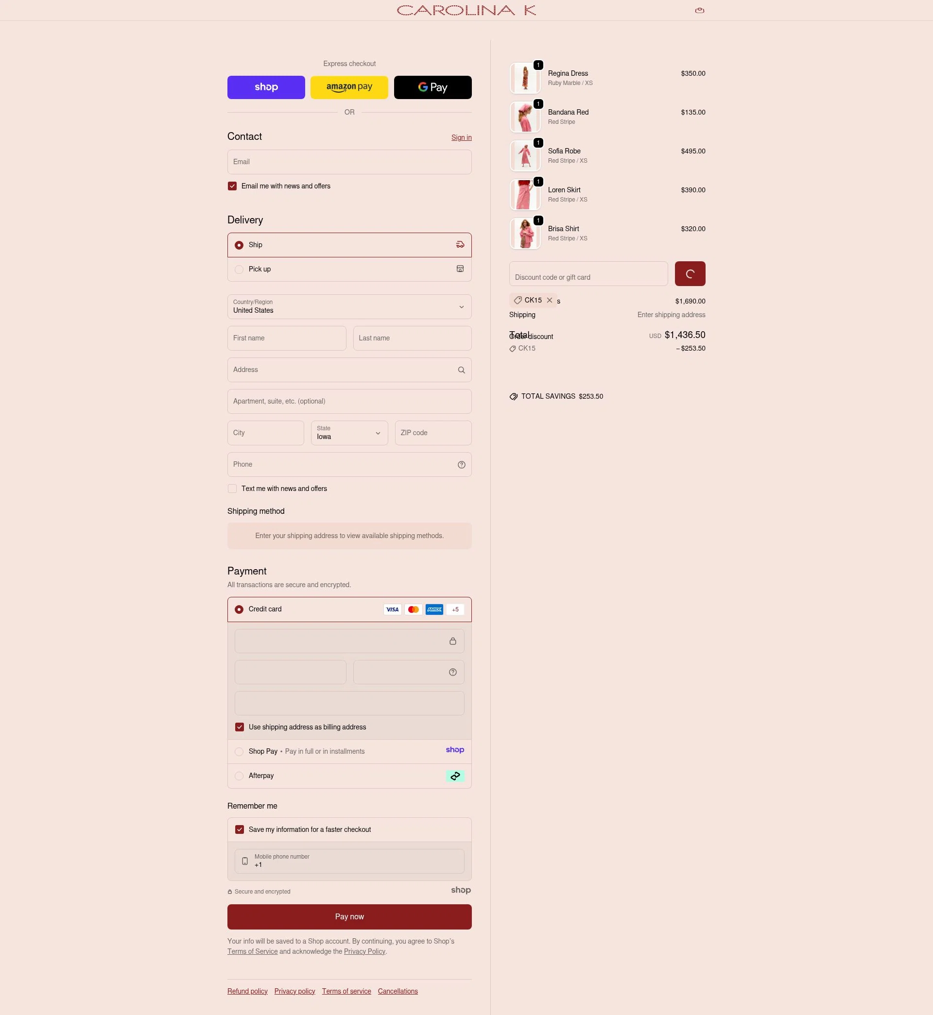 Carolina K checkout page showing Carolina K discount code box | Screenshot taken by SimplyCodes community member on Dec 15, 2025