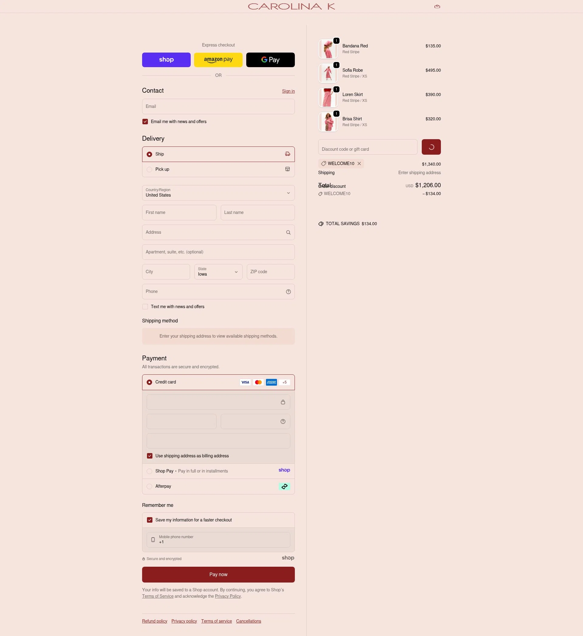 Carolina K checkout page showing Carolina K discount code box | Screenshot taken by SimplyCodes community member on Jan 1, 2026