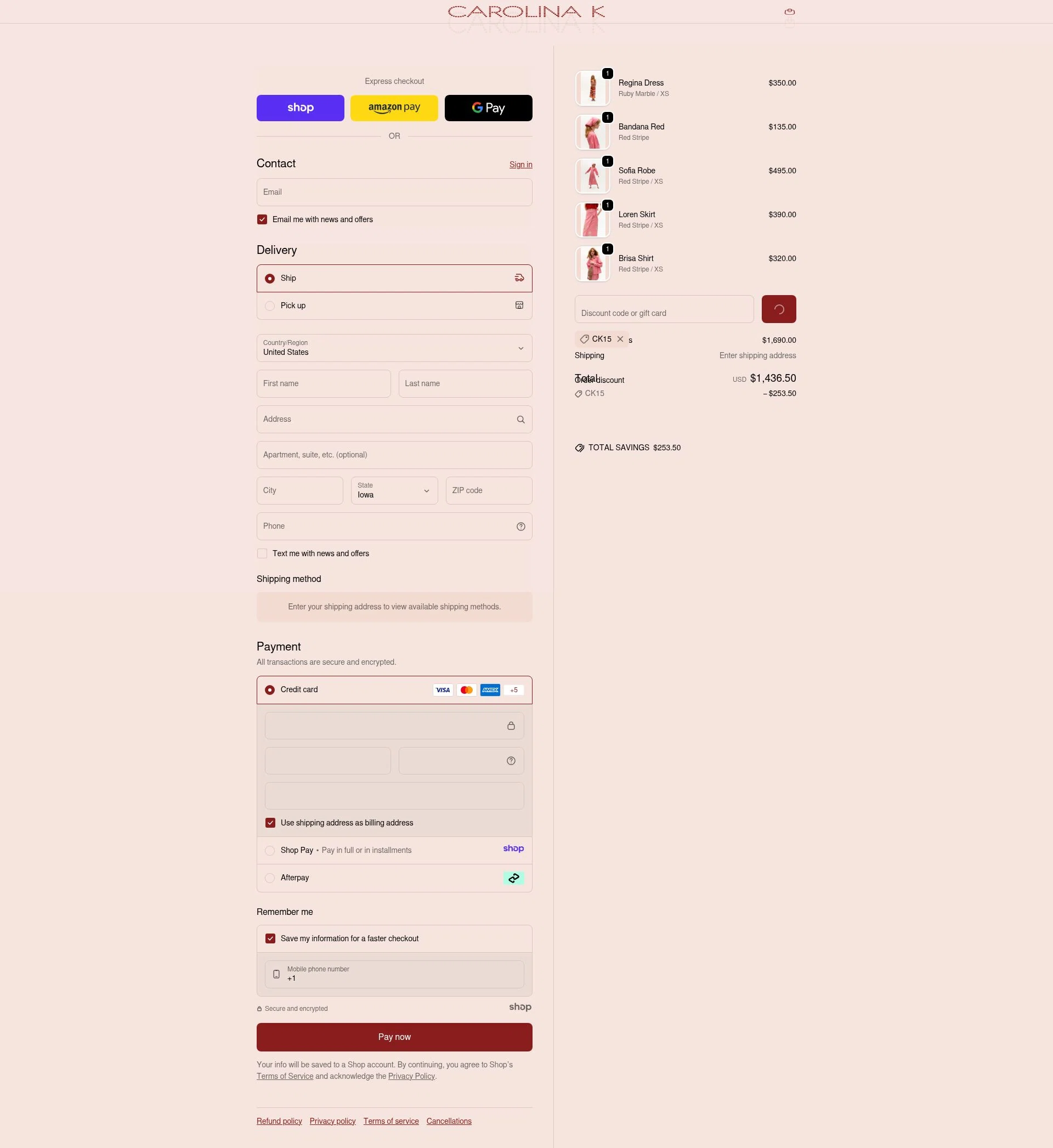 Carolina K checkout page showing Carolina K discount code box | Screenshot taken by SimplyCodes community member on Dec 23, 2025