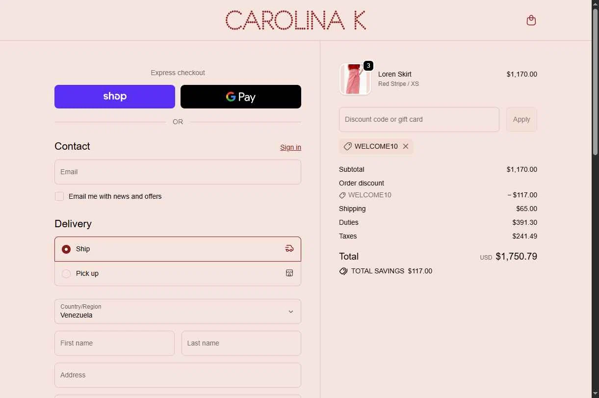 Carolina K checkout page showing Carolina K discount code box | Screenshot taken by SimplyCodes community member on Dec 23, 2025