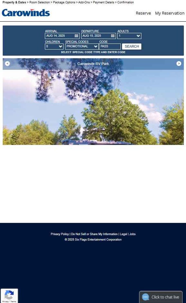 Carowinds checkout page showing Carowinds promo code box | Screenshot taken by SimplyCodes community member on Aug 14, 2025