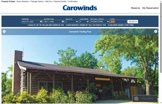 Carowinds checkout page showing Carowinds promo code box | Screenshot taken by SimplyCodes community member on Aug 31, 2025