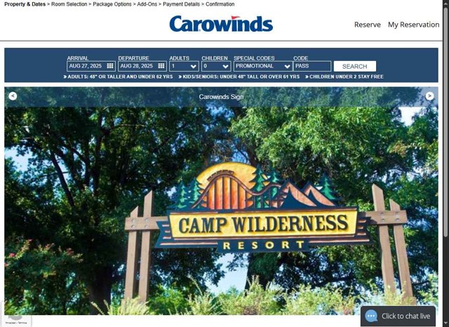 Carowinds checkout page showing Carowinds promo code box | Screenshot taken by SimplyCodes community member on Aug 27, 2025