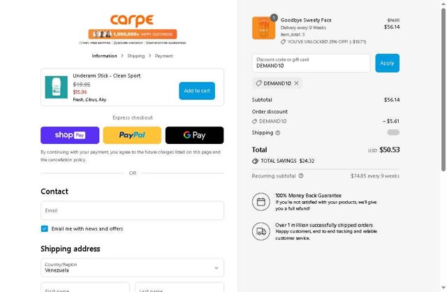 Carpe checkout page showing Carpe discount code box | Screenshot taken by SimplyCodes community member on Aug 27, 2025