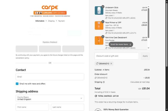 Carpe checkout page showing Carpe discount code box | Screenshot taken by SimplyCodes community member on Aug 27, 2025