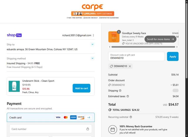 Carpe checkout page showing Carpe discount code box | Screenshot taken by SimplyCodes community member on Aug 7, 2025