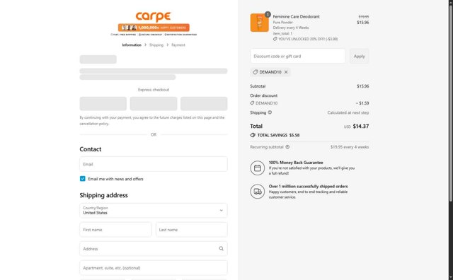 Carpe checkout page showing Carpe discount code box | Screenshot taken by SimplyCodes community member on Aug 19, 2025