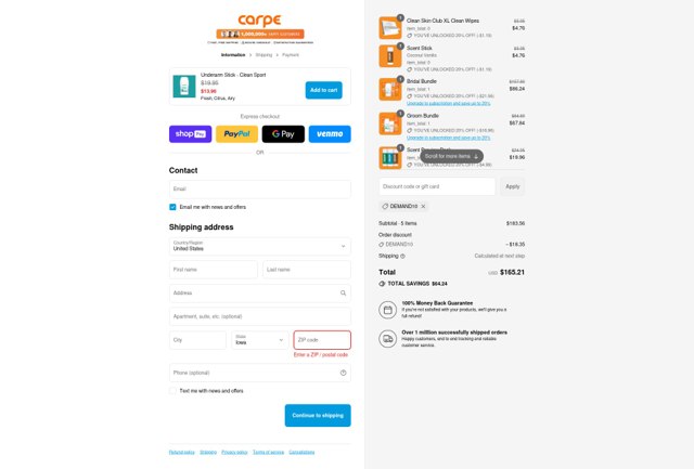 Carpe checkout page showing Carpe discount code box | Screenshot taken by SimplyCodes community member on Aug 12, 2025