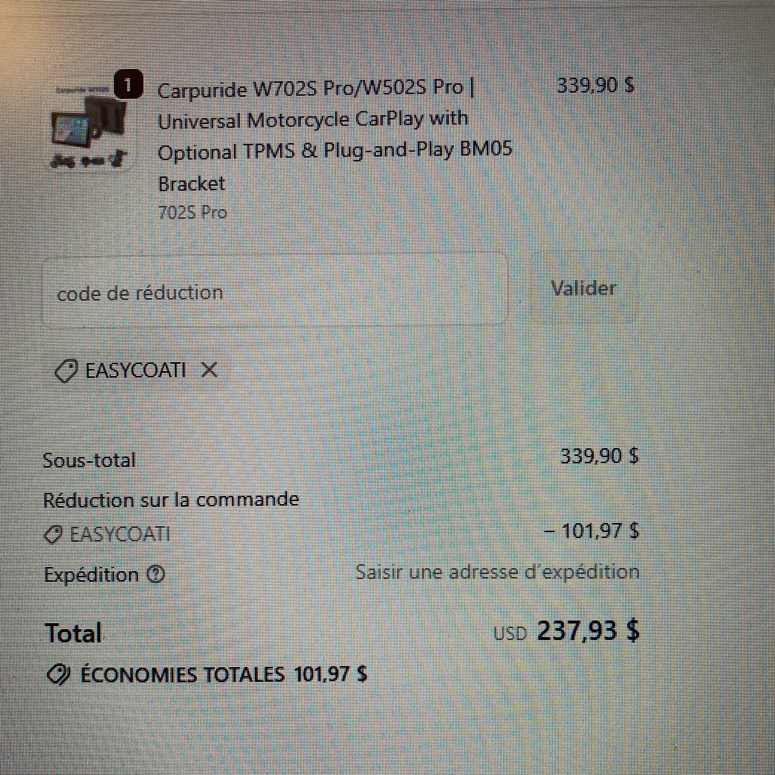 Carpuride promo code screenshot showing code EASYCOATI applied at Carpuride checkout page. Uploaded by SimplyCodes community member SilverLion4052 on Jun 19, 2026