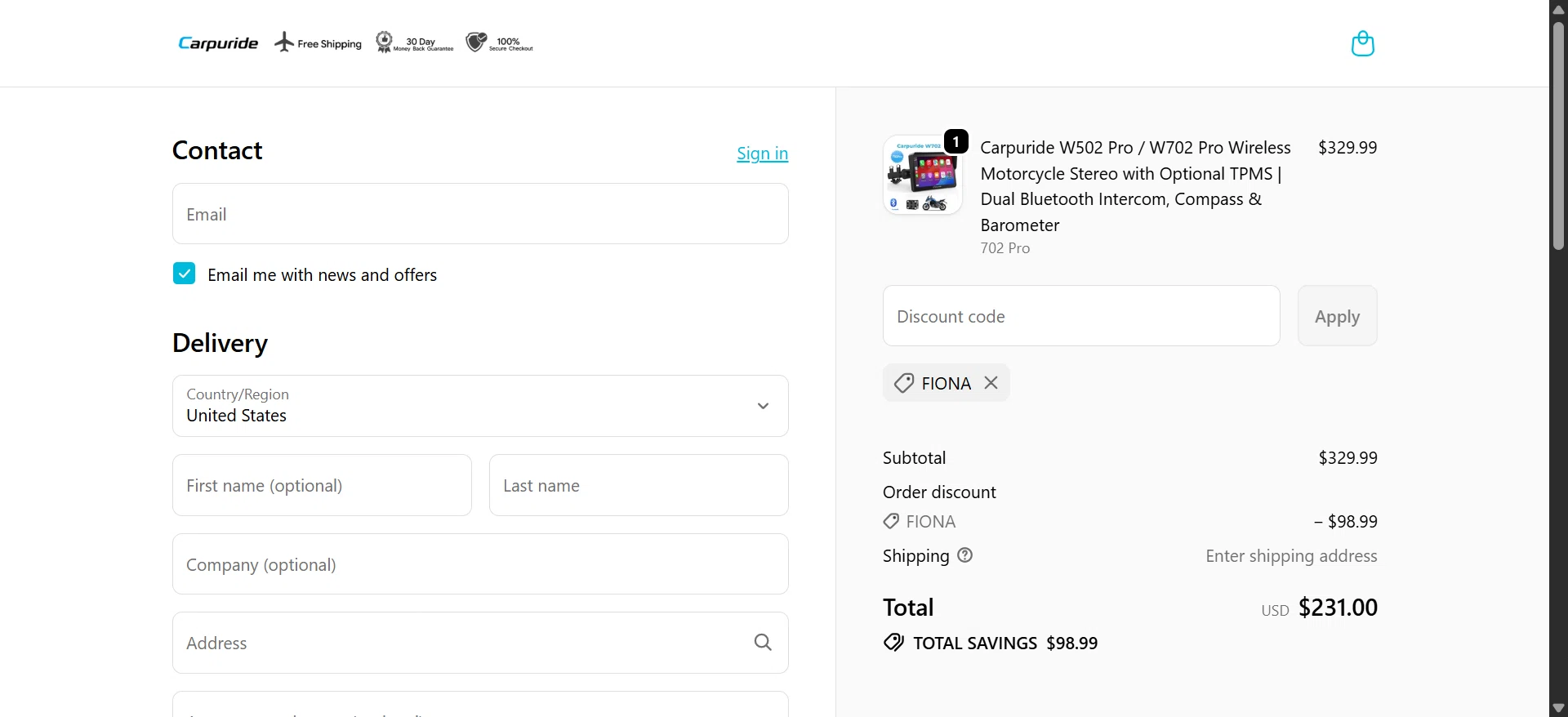 Carpuride promo code screenshot showing code FIONA applied at Carpuride checkout page. Uploaded by SimplyCodes community member CleverWizard204 on Jun 8, 2026