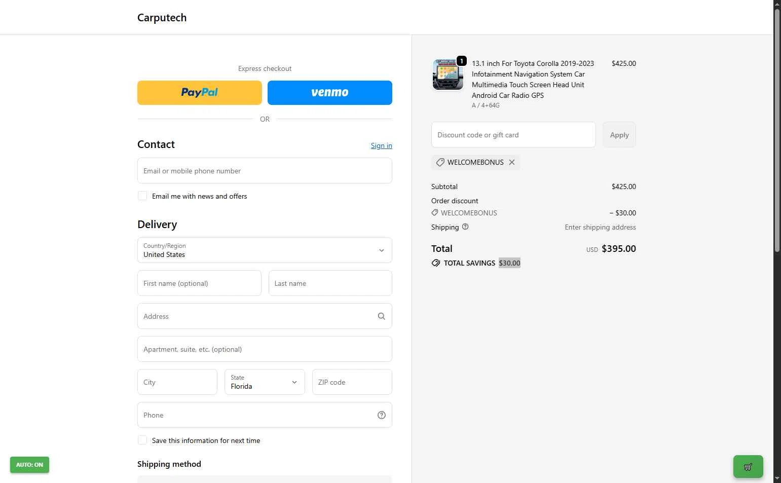 Carputech checkout page showing Carputech promo code box | Screenshot taken by SimplyCodes community member on Jan 6, 2026