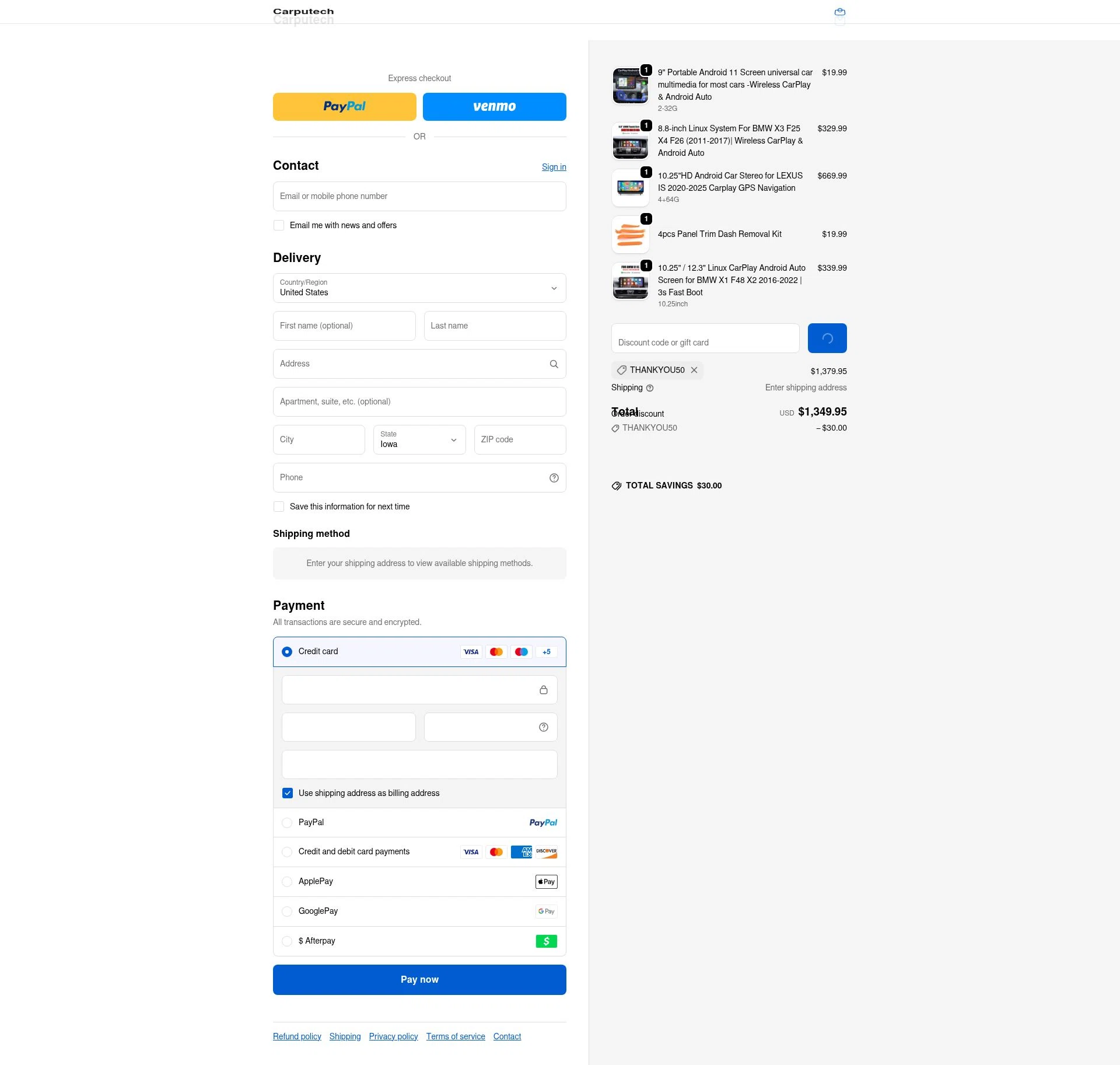 Carputech checkout page showing Carputech promo code box | Screenshot taken by SimplyCodes community member on Jan 4, 2026