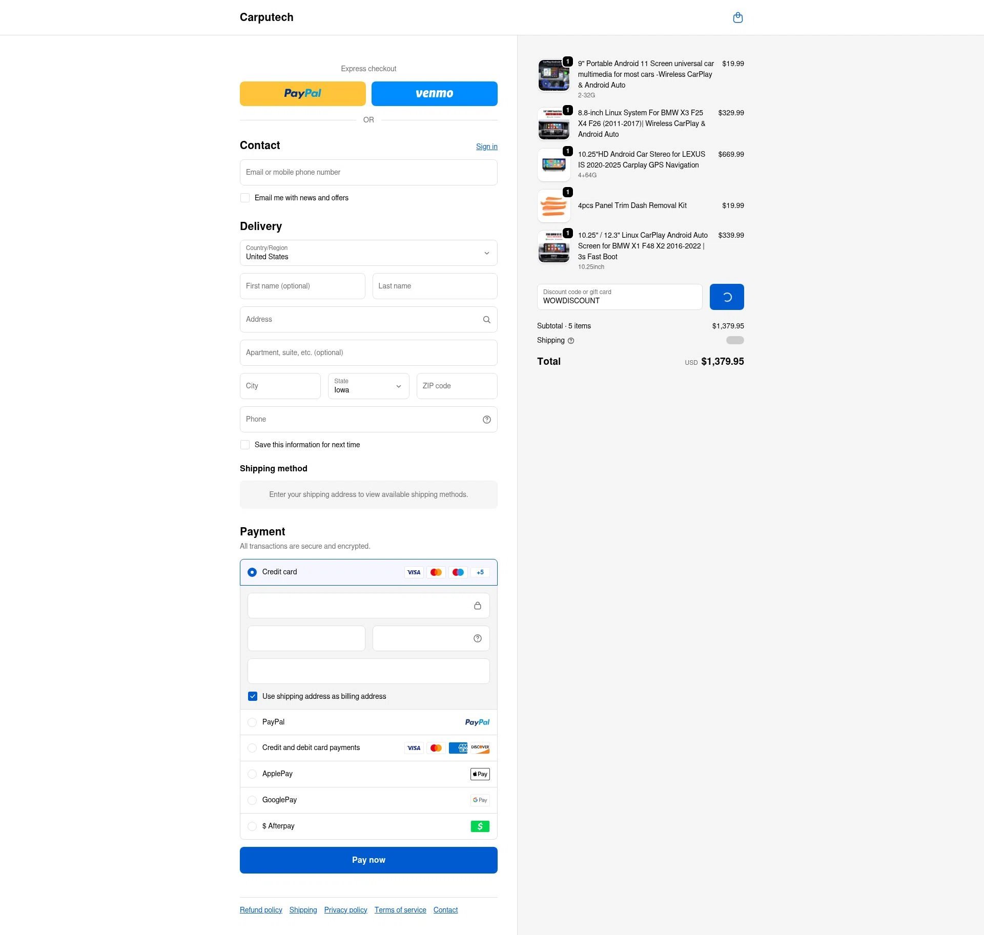 Carputech checkout page showing Carputech promo code box | Screenshot taken by SimplyCodes community member on Jan 4, 2026