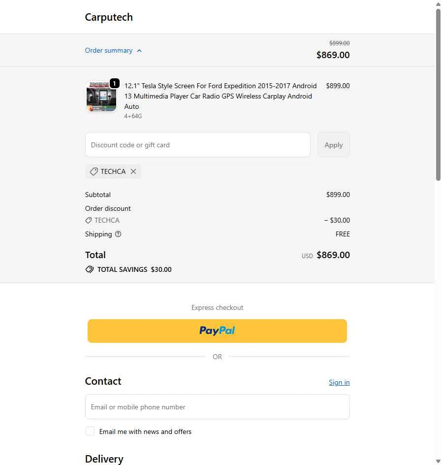 Carputech checkout page showing Carputech promo code box | Screenshot taken by SimplyCodes community member on Jan 6, 2026