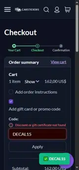 DECAL15 coupon verification screenshot