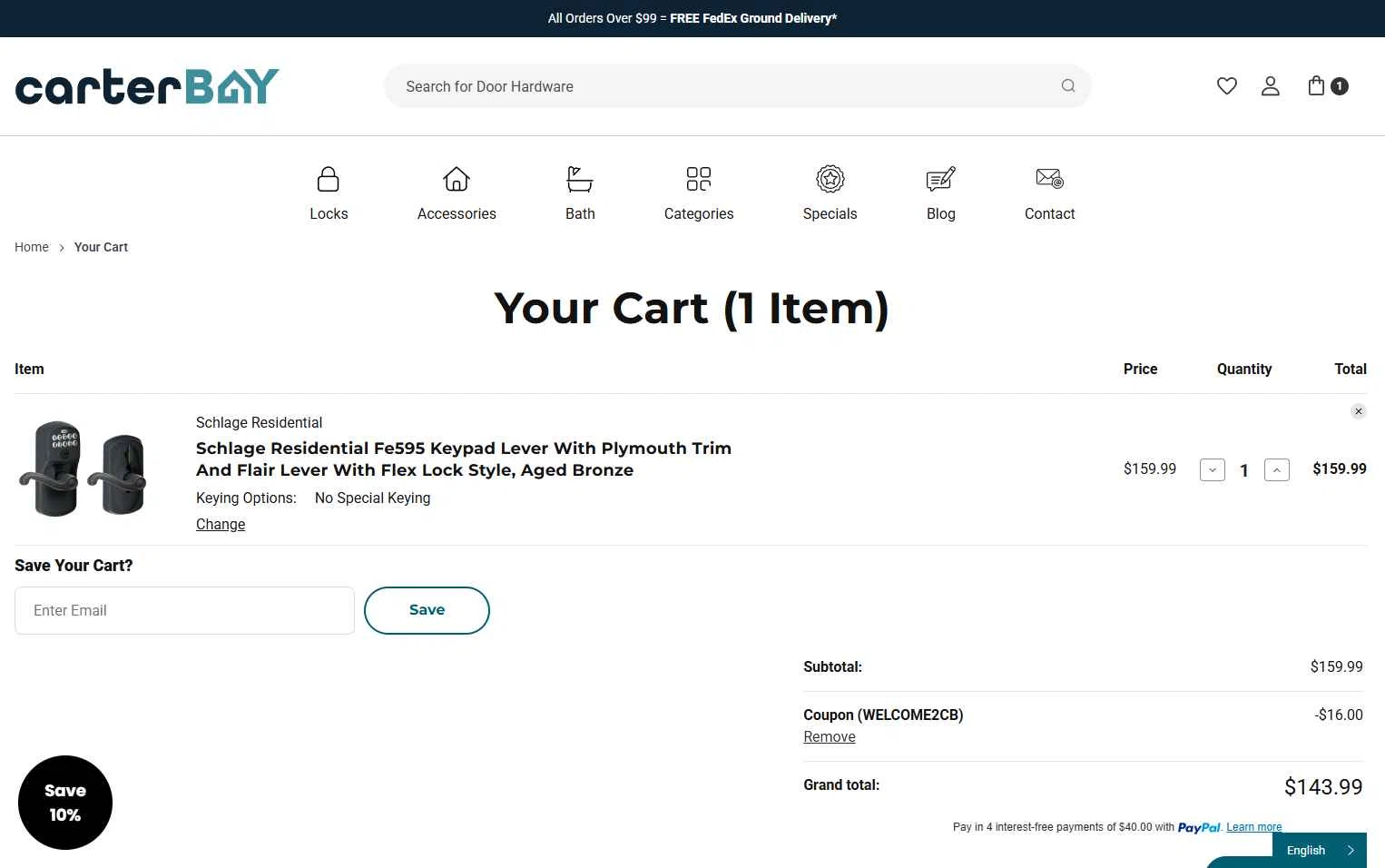Carter Bay checkout page showing Carter Bay promo code box | Screenshot taken by SimplyCodes community member on Dec 25, 2025