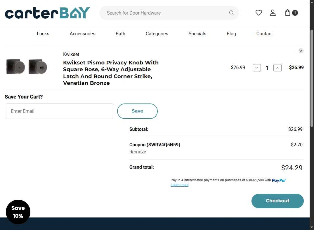 Carter Bay checkout page showing Carter Bay promo code box | Screenshot taken by SimplyCodes community member on Oct 28, 2025