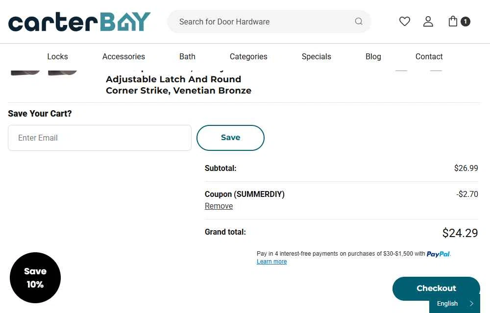 Carter Bay checkout page showing Carter Bay promo code box | Screenshot taken by SimplyCodes community member on Dec 14, 2025