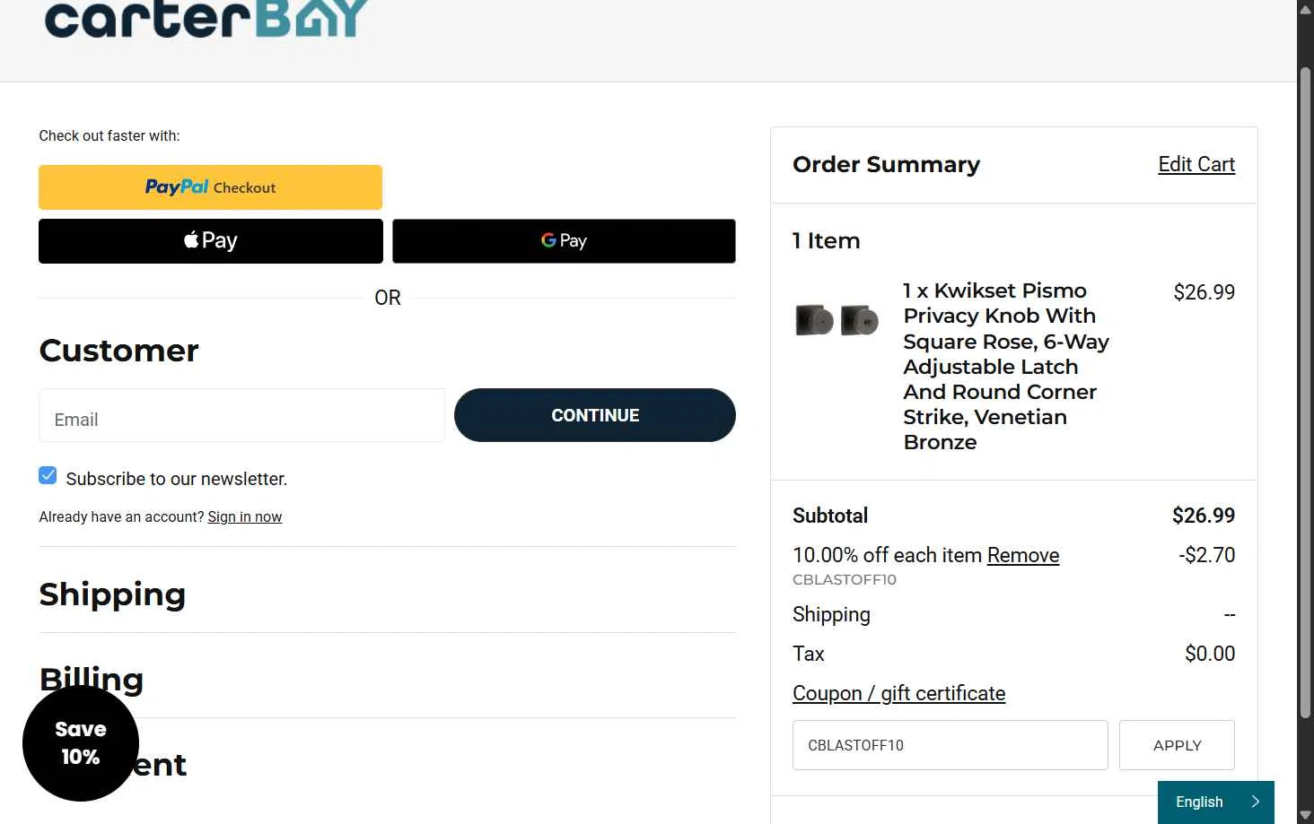 Carter Bay checkout page showing Carter Bay promo code box | Screenshot taken by SimplyCodes community member on Dec 25, 2025