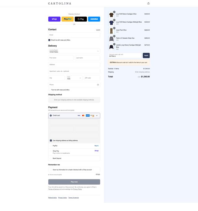 Cartolina Nantucket checkout page showing Cartolina Nantucket promo code box | Screenshot taken by SimplyCodes community member on Sep 4, 2025