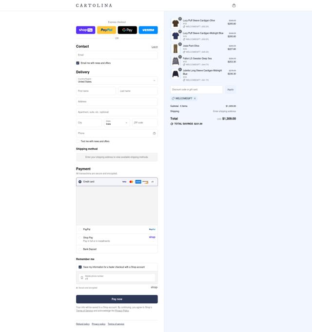 Cartolina Nantucket checkout page showing Cartolina Nantucket promo code box | Screenshot taken by SimplyCodes community member on Aug 23, 2025