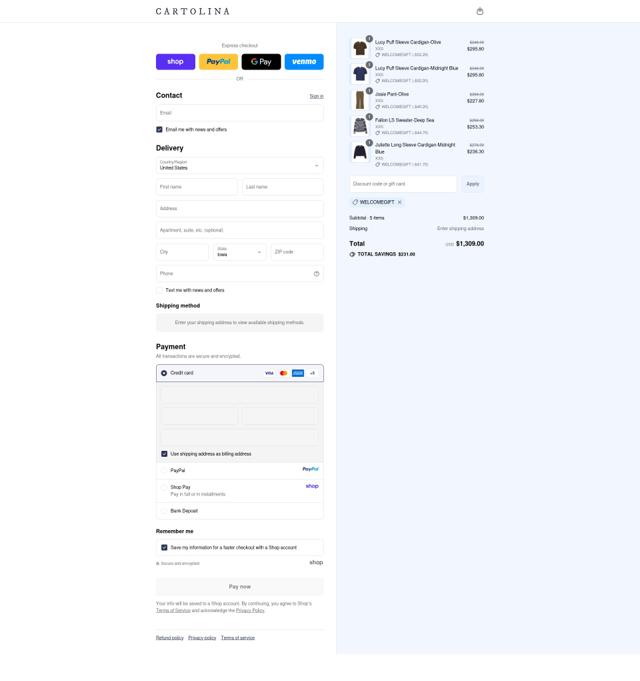 Cartolina Nantucket checkout page showing Cartolina Nantucket promo code box | Screenshot taken by SimplyCodes community member on Sep 12, 2025