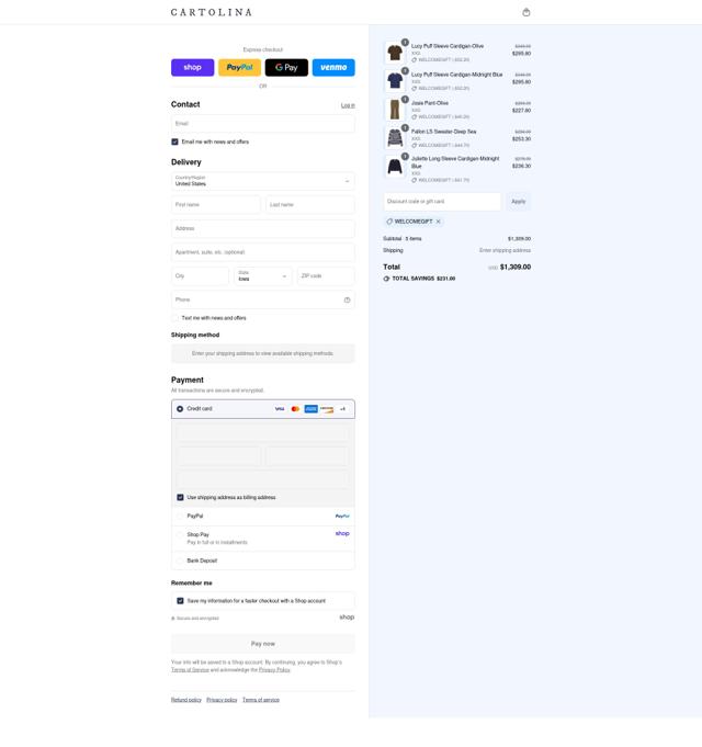 Cartolina Nantucket checkout page showing Cartolina Nantucket promo code box | Screenshot taken by SimplyCodes community member on Aug 31, 2025
