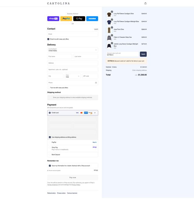 Cartolina Nantucket checkout page showing Cartolina Nantucket promo code box | Screenshot taken by SimplyCodes community member on Aug 27, 2025