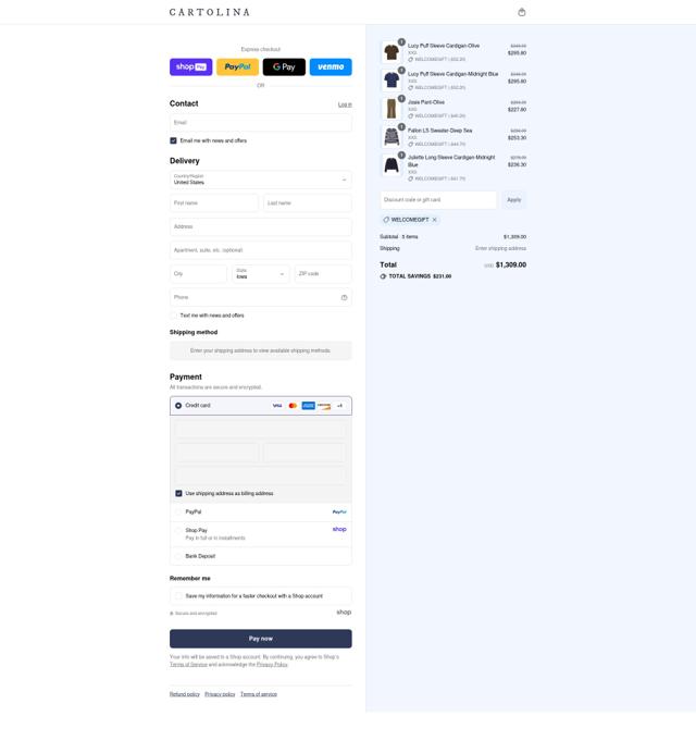 Cartolina Nantucket checkout page showing Cartolina Nantucket promo code box | Screenshot taken by SimplyCodes community member on Aug 27, 2025