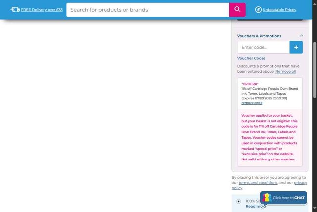 Cartridge People checkout page showing Cartridge People discount code box | Screenshot taken by SimplyCodes community member on Sep 4, 2025