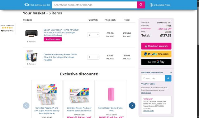 Cartridge People checkout page showing Cartridge People discount code box | Screenshot taken by SimplyCodes community member on Sep 4, 2025