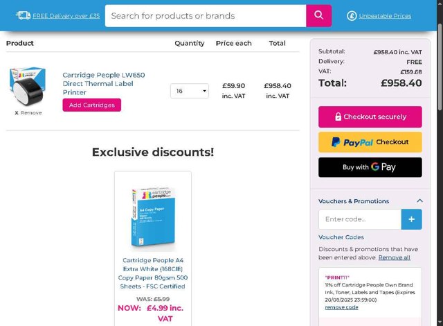 Cartridge People checkout page showing Cartridge People discount code box | Screenshot taken by SimplyCodes community member on Aug 18, 2025