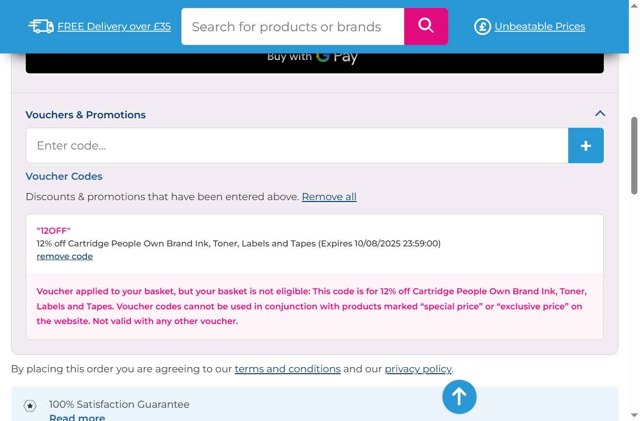 Cartridge People checkout page showing Cartridge People discount code box | Screenshot taken by SimplyCodes community member on Aug 7, 2025